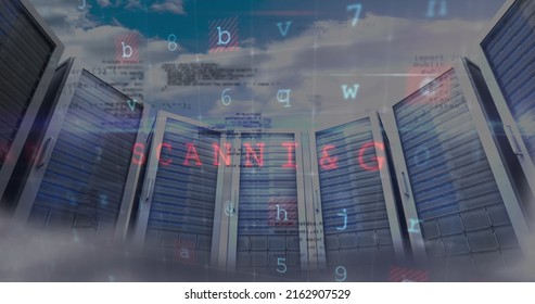 Image of cyber attack warning and data processing over server room. global internet security, connections and data processing concept digitally generated image.