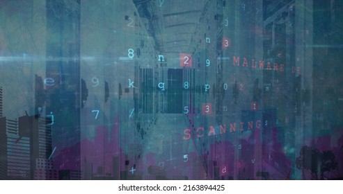 Image of cyber attack warning data processing over computer servers. global internet security, computing and data processing concept digitally generated image.