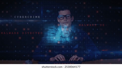 Image of cyber attack warning and data processing over male hacker and computer servers. global online security, data processing and cyber crime concept digitally generated image. - Powered by Shutterstock - Get 15% off with code: PIKWIZARD15