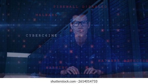 Image of cyber attack warning and data processing over male hacker and computer servers. global online security, data processing and cyber crime concept digitally generated image.