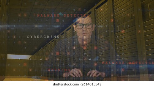 Image of cyber attack warning and data processing over male hacker and computer servers. global online security, data processing and cyber crime concept digitally generated image.