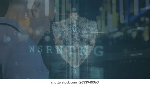 Image of cyber attack warning and data processing with shield icon over caucasian businessman. Global technology, online security and digital interface concept digitally generated image.