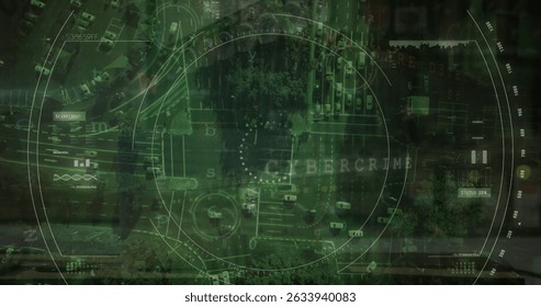 Image of cyber attack warning and data processing with scope scanning over cityscape. Global technology, online security and digital interface concept digitally generated image.
