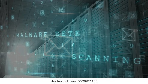 Image of cyber attack warning and envelope icons over server room. global internet security, connections and data processing concept digitally generated image.