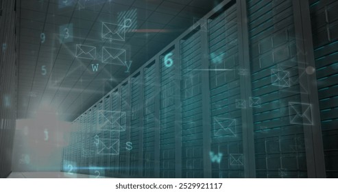 Image of cyber attack warning and envelope icons over server room. global internet security, connections and data processing concept digitally generated image.