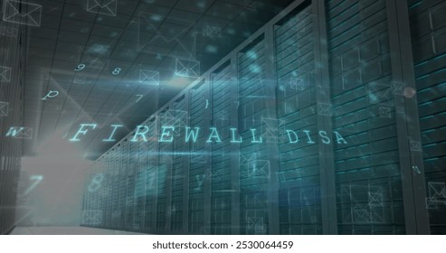 Image of cyber attack warning and envelope icons over server room. global internet security, connections and data processing concept digitally generated image.