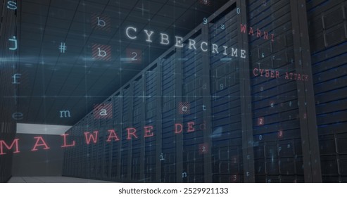 Image of cyber attack warning with letters and numbers over server room. global internet security and data processing concept digitally generated image.