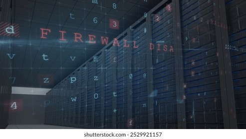 Image of cyber attack warning with letters and numbers over server room. global internet security and data processing concept digitally generated image.