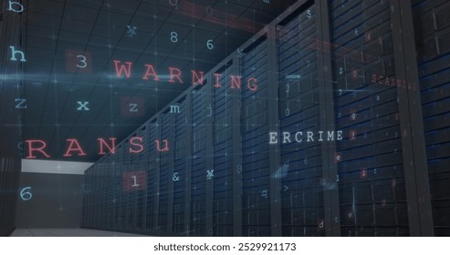 Image of cyber attack warning with letters and numbers over server room. global internet security and data processing concept digitally generated image.