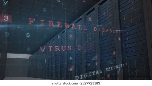 Image of cyber attack warning with letters and numbers over server room. global internet security and data processing concept digitally generated image.