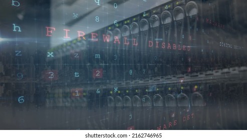 Image of cyber attack warning over server room. global technology and data processing concept digitally generated image.