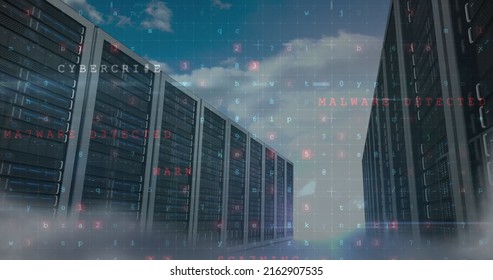 Image of cyber attack warning over sky and server room. global internet security and data processing concept digitally generated image.