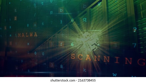 Image of cyber attack warning over server room. global internet security and data processing concept digitally generated image.