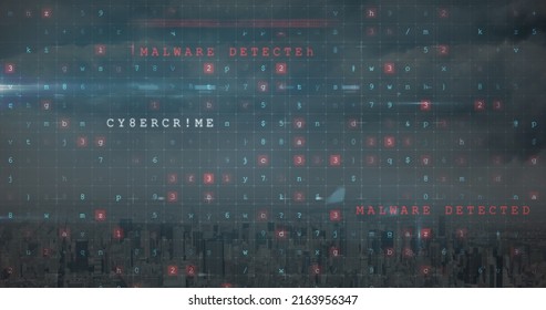 Image of cyber attack warning over cityscape. global technology and data processing concept digitally generated image.