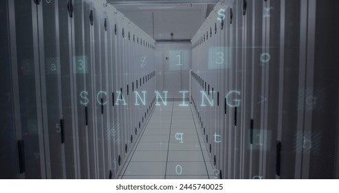 Image of cyber attack warning over server room. global internet security, connections and data processing concept digitally generated image.