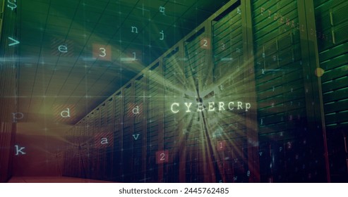 Image of cyber attack warning over server room. global internet security, connections and data processing concept digitally generated image.