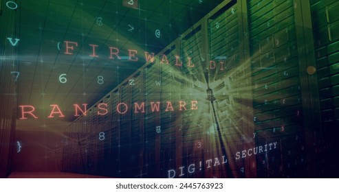 Image of cyber attack warning over server room. global internet security, connections and data processing concept digitally generated image.