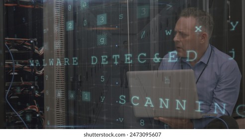 Image of cyber attack warning over caucasian man in server room. global internet security, connections and data processing concept digitally generated image.