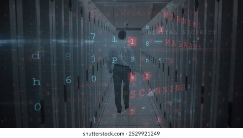 Image of cyber attack warning over caucasian man in server room. global internet security, connections and data processing concept digitally generated image.
