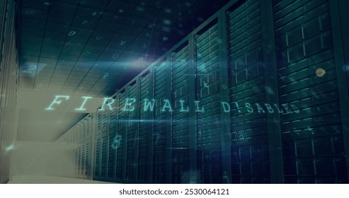 Image of cyber attack warning over server room. global internet security and data processing concept digitally generated image.