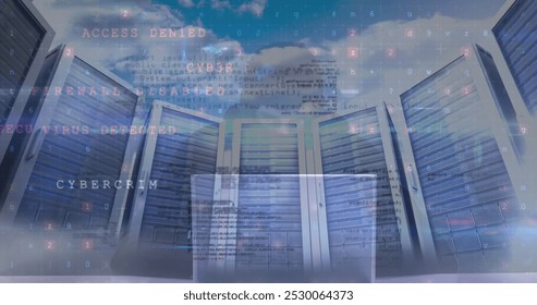 Image of cyber attack warning over hacker in server room. global internet security, connections and data processing concept digitally generated image.