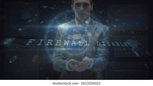 Image of cyber attack warning over business with globe and data processing. global internet security, cyber crime, connections and data processing concept digitally generated image.