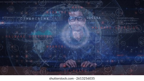 Image of cyber attack warning over hacker, globe and data processing. global internet security, cyber crime, connections and data processing concept digitally generated image.