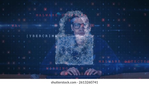 Image of cyber attack warning over online security padlock and hacker. global internet security, data processing, connections and digital interface concept digitally generated image.