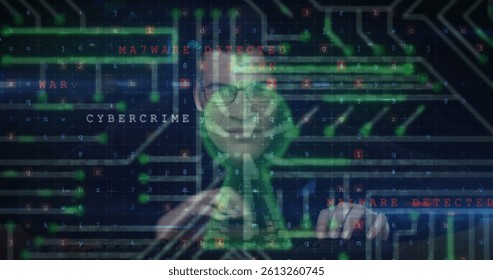 Image of cyber attack warning over online security padlock and hacker. global internet security, data processing, connections and digital interface concept digitally generated image.