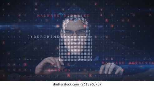 Image of cyber attack warning over online security padlock and hacker. global internet security, data processing, connections and digital interface concept digitally generated image.