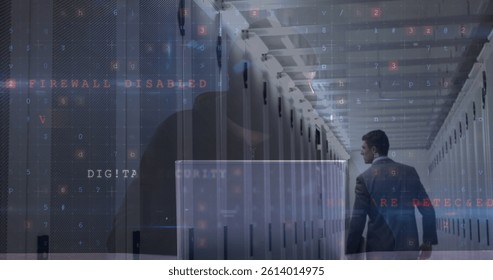 Image of cyber attack warning over hacker and caucasian man in server room. global internet security, connections and data processing concept digitally generated image. - Powered by Shutterstock - Get 15% off with code: PIKWIZARD15