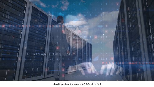 Image of cyber attack warning over diverse people in server room. global internet security, connections and data processing concept digitally generated image.