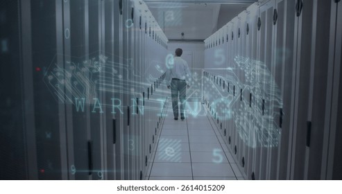 Image of cyber attack warning over caucasian man in server room. global internet security, connections and data processing concept digitally generated image. - Powered by Shutterstock - Get 15% off with code: PIKWIZARD15
