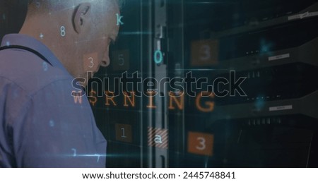Image of cyber attack warning over caucasian man in server room. global internet security, connections and data processing concept digitally generated image.
