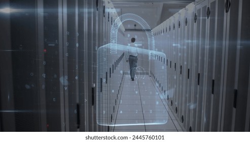 Image of cyber attack warning and padlock over caucasian man in server room. global internet security, connections and data processing concept digitally generated image.