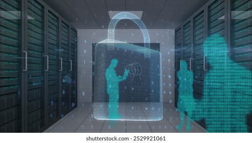 Image of cyber attack warning and padlock over silhouettes of people in server room. global internet security, connections and data processing concept digitally generated image.