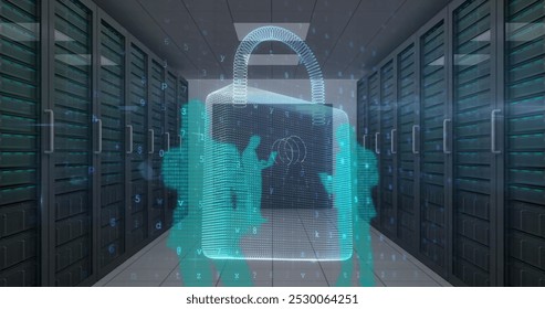 Image of cyber attack warning and padlock over silhouettes of people in server room. global internet security, connections and data processing concept digitally generated image.