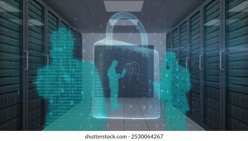 Image of cyber attack warning and padlock over silhouettes of people in server room. global internet security, connections and data processing concept digitally generated image.