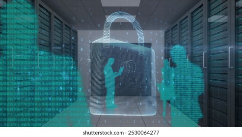 Image of cyber attack warning and padlock over silhouettes of people in server room. global internet security, connections and data processing concept digitally generated image.