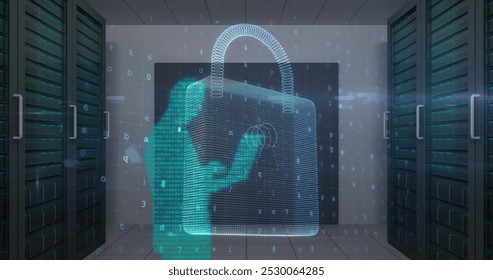 Image of cyber attack warning and padlock over silhouettes of people in server room. global internet security, connections and data processing concept digitally generated image.