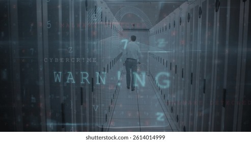 Image of cyber attack warning and padlock over caucasian man in server room. global internet security, connections and data processing concept digitally generated image.