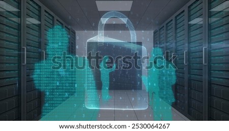 Image of cyber attack warning and padlock over silhouettes of people in server room. global internet security, connections and data processing concept digitally generated image.