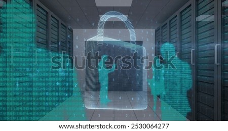 Image of cyber attack warning and padlock over silhouettes of people in server room. global internet security, connections and data processing concept digitally generated image.