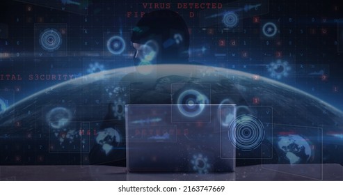 Image of cyber attack warning and scopes scanning over hacker using laptop. global internet security, data processing and cyber crime concept digitally generated image.