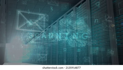 Image of cyber attack warning text, envelopes and numbers processing over computer servers. global online security, communications and data processing concept digitally generated image.