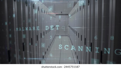 Image of cyber attack warning text and numbers processing over computer servers. global online security, communications and data processing concept digitally generated image.