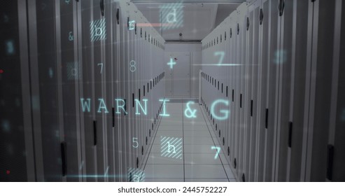 Image of cyber attack warning text and numbers processing over computer servers. global online security, communications and data processing concept digitally generated image.