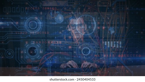 Image of cyber attack warning text and data processing over male hacker. Global online security, business, finances, computing and data processing concept digitally generated image. - Powered by Shutterstock - Get 15% off with code: PIKWIZARD15