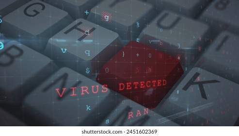 Image of cyber attack warning text over computer keyboard with red key on grey background. global technology, networking and digital interface concept digitally generated image.