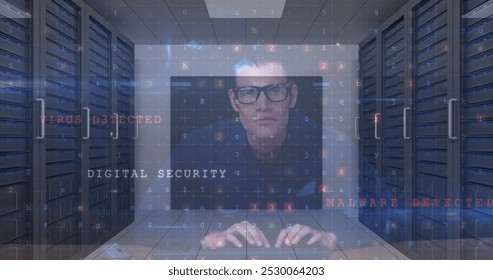 Image of cyber attack warning text and numbers processing over male hacker and computer servers. global online security, communications and data processing concept digitally generated image.